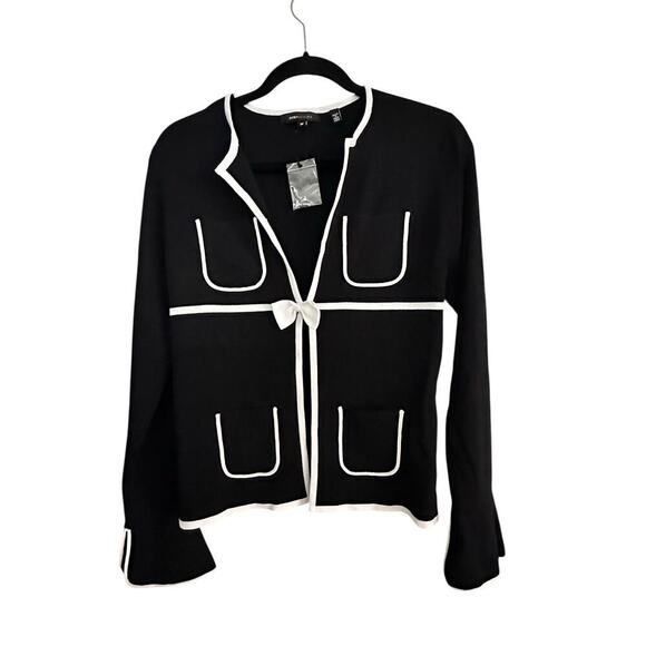 BCBGMaxazria Womens Black White Long Sleeve Bow Trimmed‎ Cardigan Sweater Size M